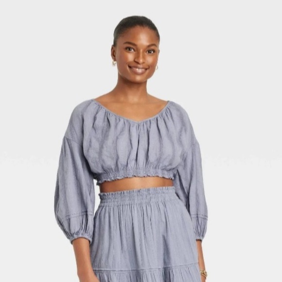 Universal Thread Tops - Universal Thread Blue and White Puff Sleeve Crop Blouse